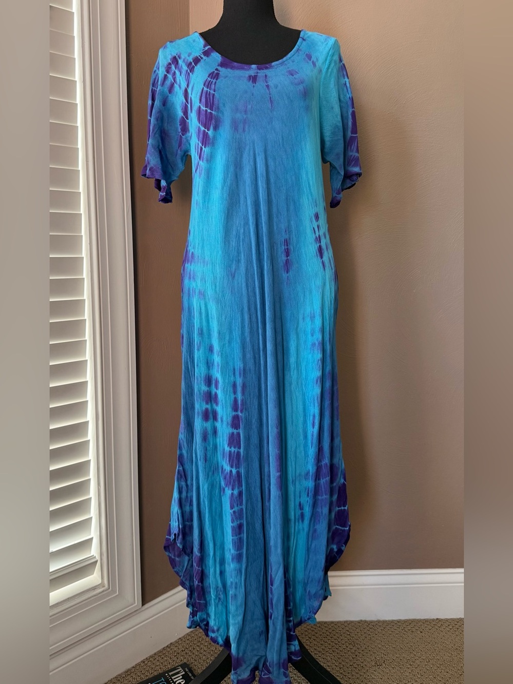 CalStyle Beautiful Tie-Dye Maxi Dress in Turquoise & Purple Cotton Size Small